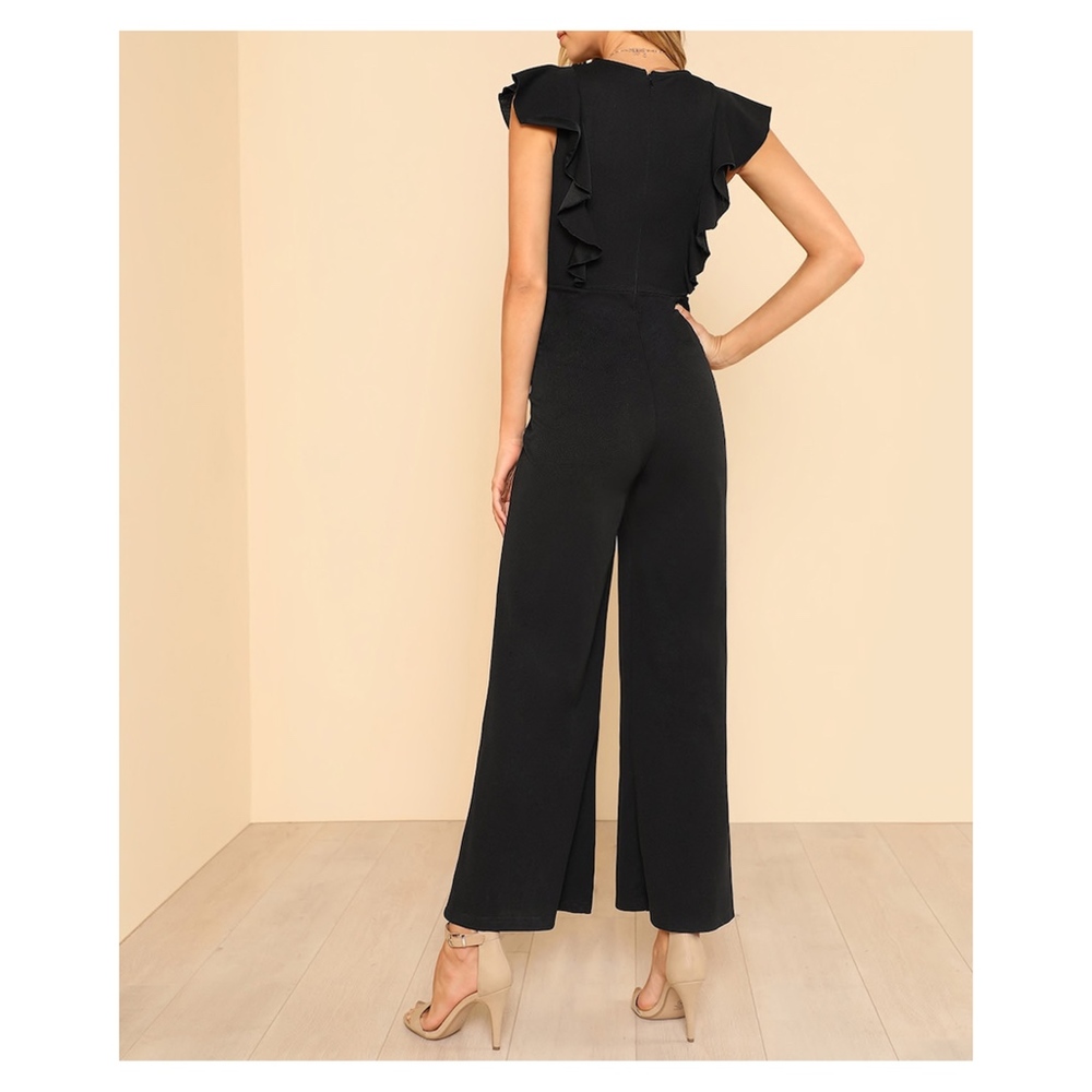 Black Sleeveless Ruffle Details Wide Leg Jumpsuit - Picture 3 of 6